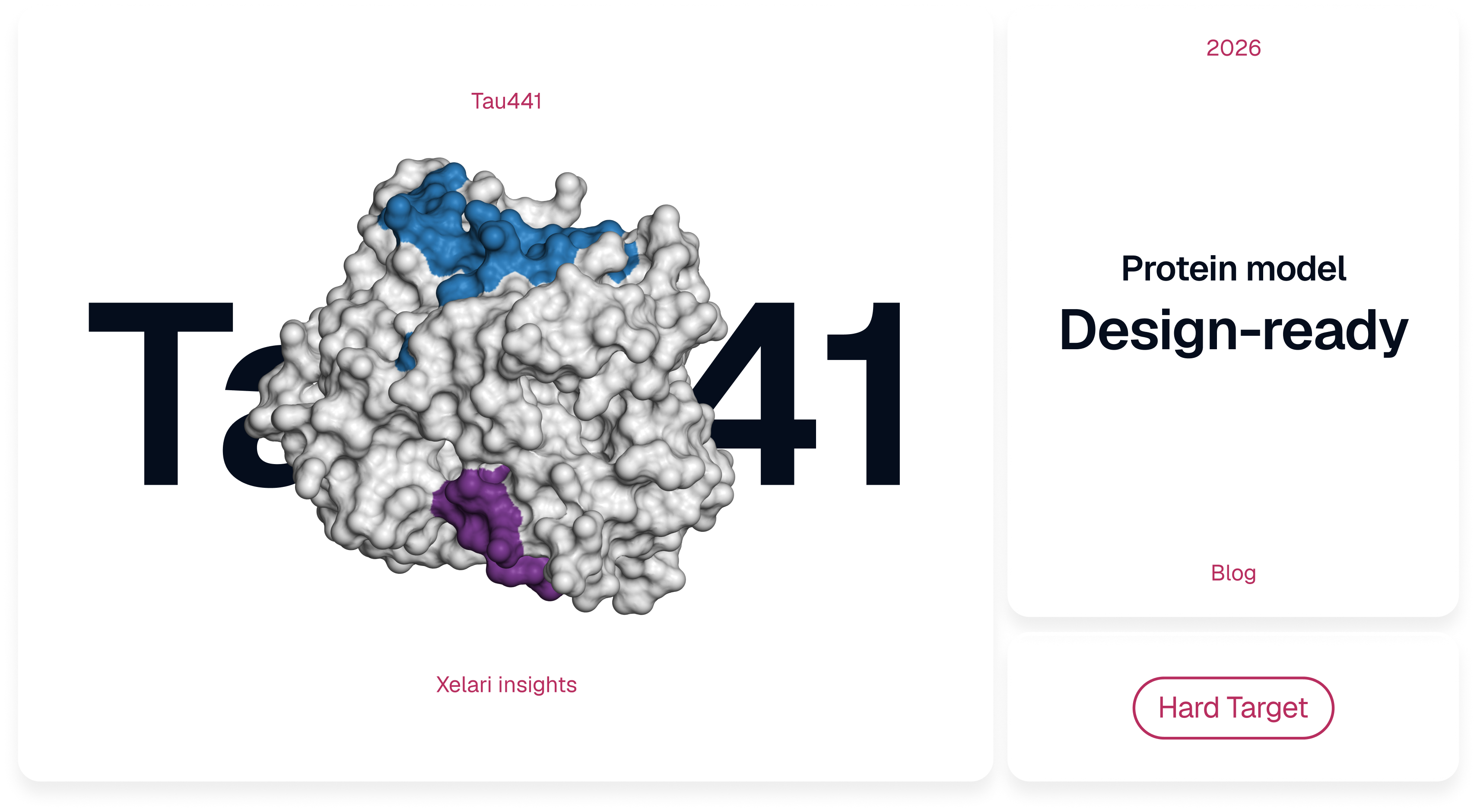 Prepared Tau441 model showing the Ala390 aptamer-design region in blue and the pThr217 antibody-associated region in purple.